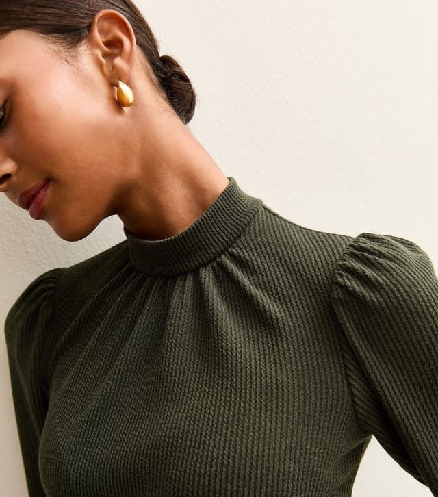 New Look Women's Dark Khaki Crinkled High Neck Midi Dress New Look - 3