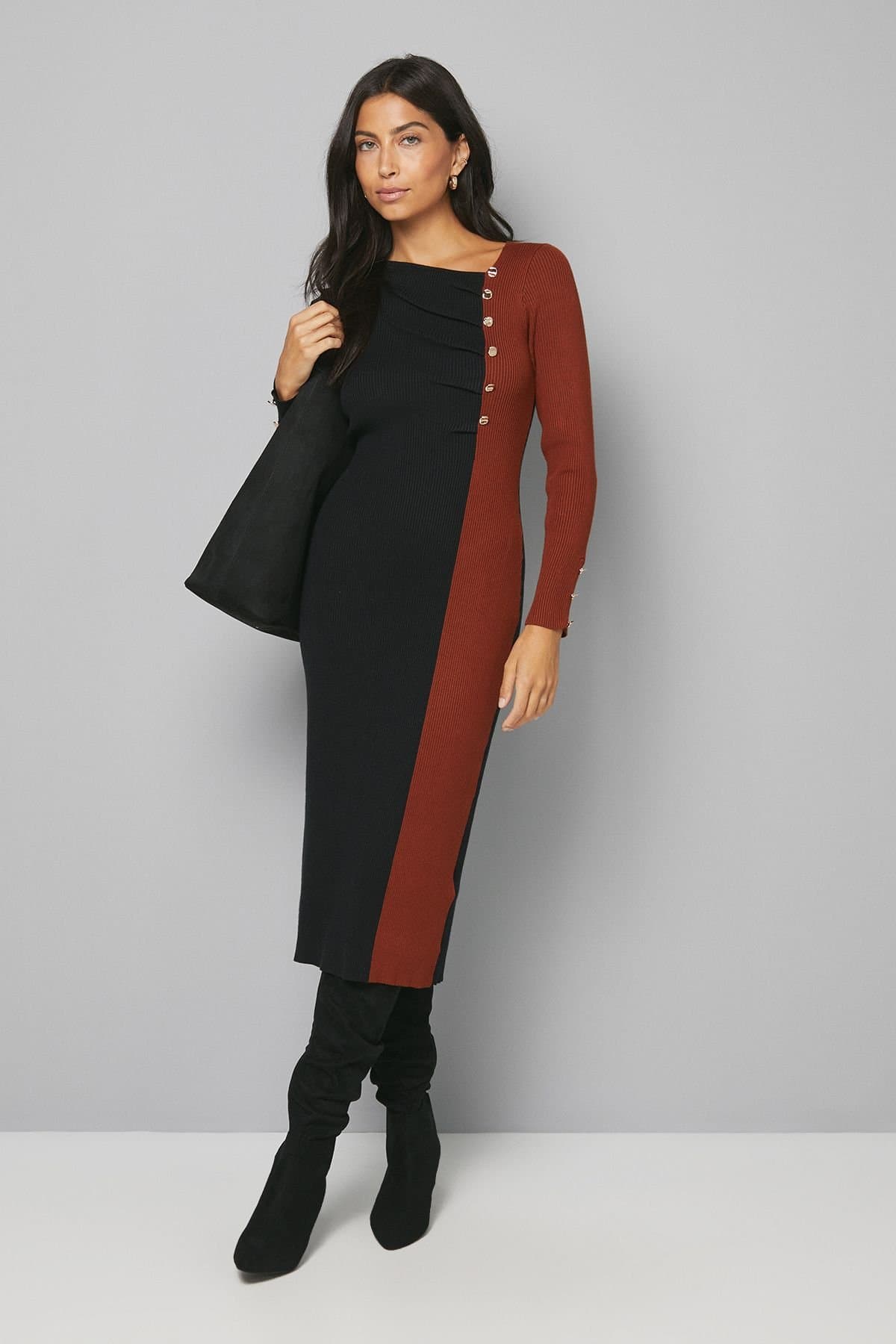 Wallis Wallis Women's Colour Block Asymmetric Knitted Dress in Black