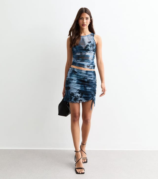 New Look Women's Blue Floral Print Ruched Mesh Mini Skirt New Look - 3