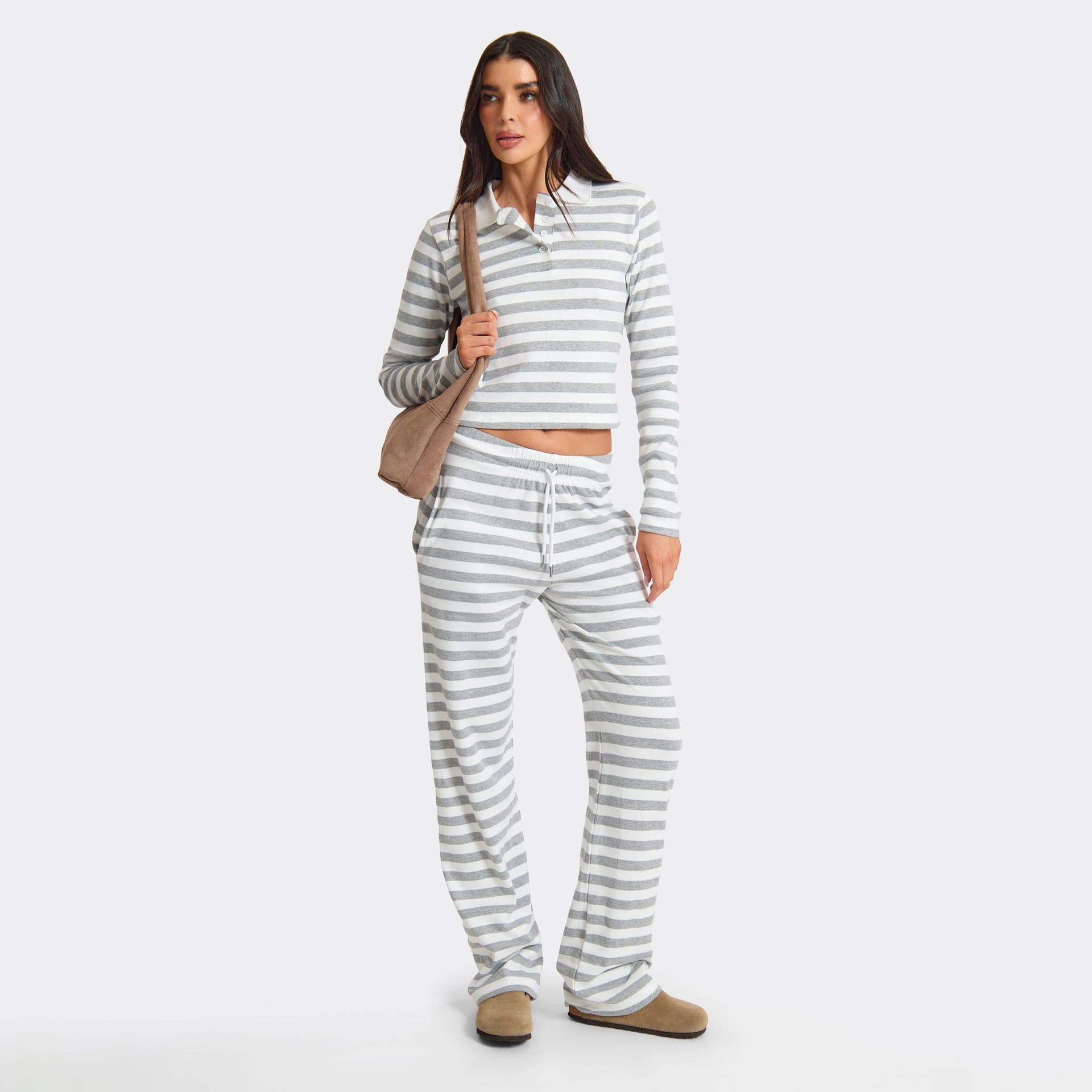 EGO Drawstring Waist Straight Leg Joggers In White Contrast Stripe, Women's Size UK L