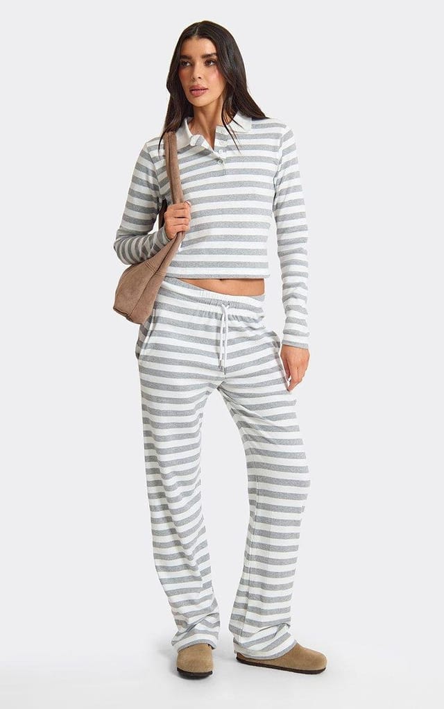 EGO Drawstring Waist Straight Leg Joggers In White Contrast Stripe, Women's Size UK L - 2