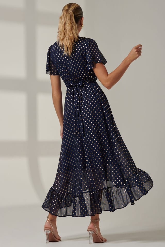 Jolie Moi Jolie Moi Women's Metallic Effect Angel Sleeve Maxi Dress in Navy - 2