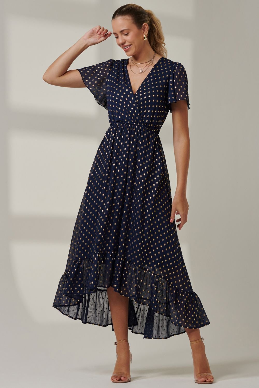 Jolie Moi Jolie Moi Women's Metallic Effect Angel Sleeve Maxi Dress in Navy - 3