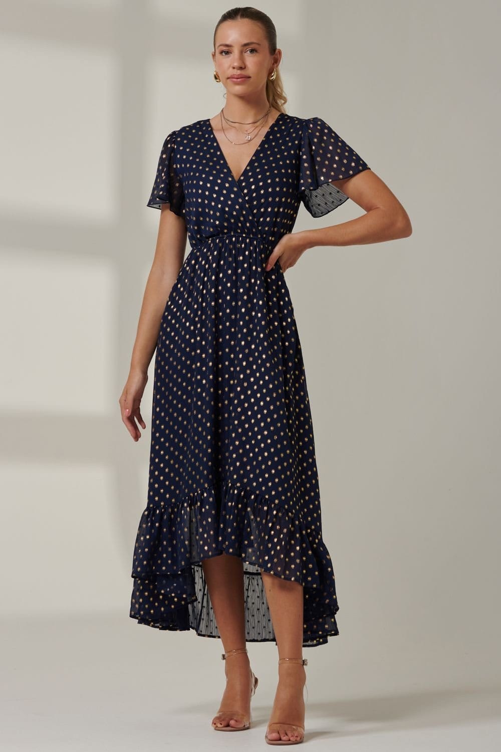 Jolie Moi Jolie Moi Women's Metallic Effect Angel Sleeve Maxi Dress in Navy - 4