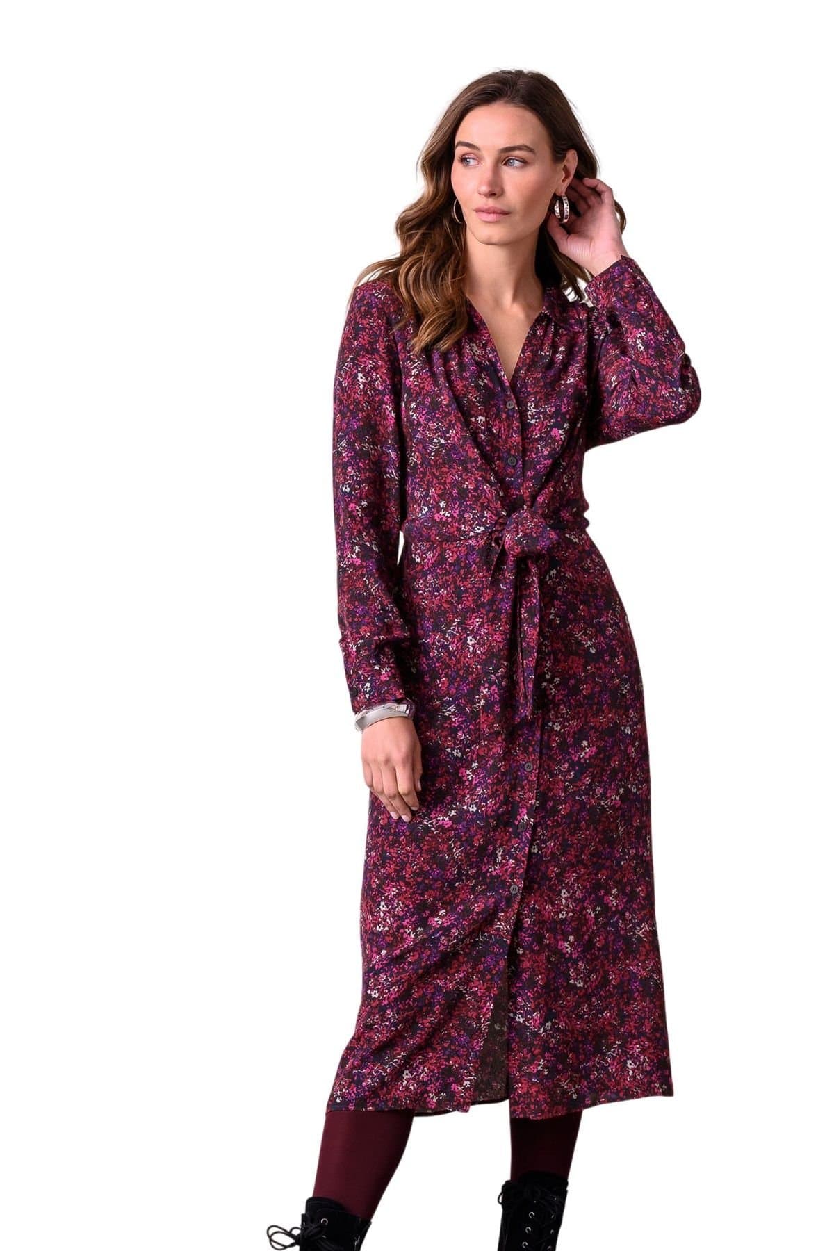 Celtic & Co Celtic & Co Women's Tie Front Midi Shirt Dress in Wine