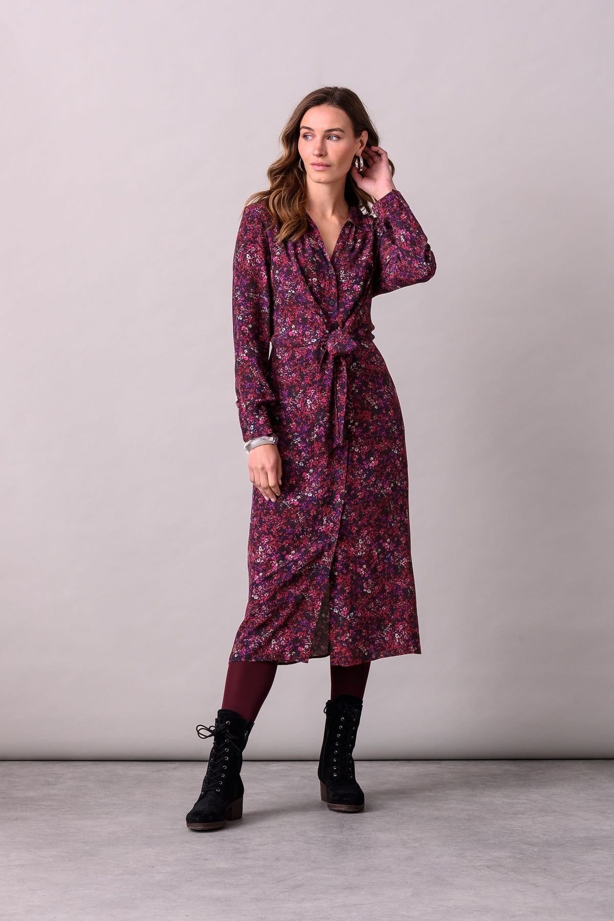 Celtic & Co Celtic & Co Women's Tie Front Midi Shirt Dress in Wine - 4