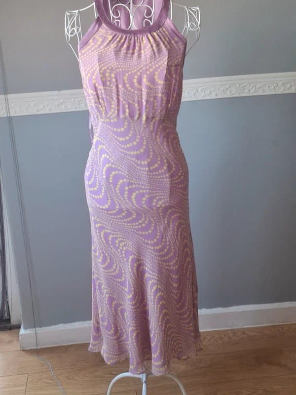 PLANET Planet Lilac Lemon Print Midi Dress UK 12 High Neck Fitted Waist Floaty Skirt Elegant
