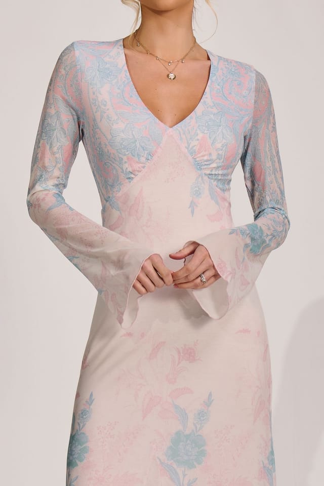 Jolie Moi Jolie Moi Women's Long Sleeve Godet Mesh Maxi Dress in Off-White - 2