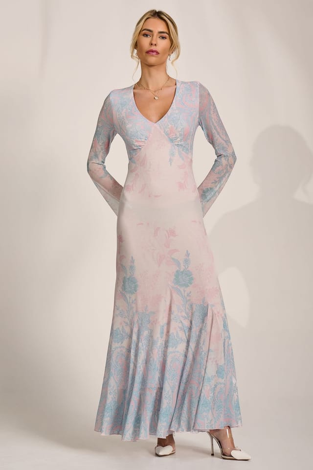 Jolie Moi Jolie Moi Women's Long Sleeve Godet Mesh Maxi Dress in Off-White - 3