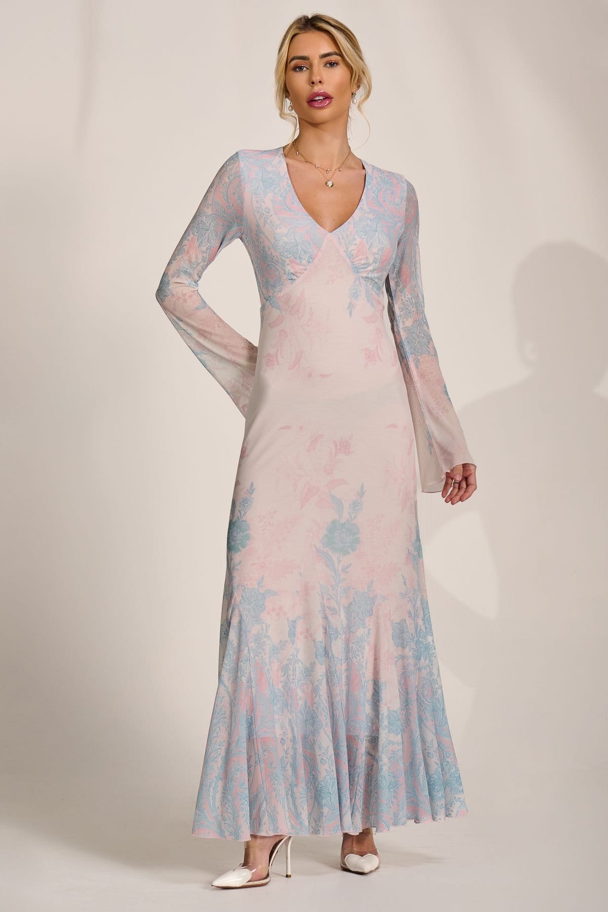 Jolie Moi Jolie Moi Women's Long Sleeve Godet Mesh Maxi Dress in Off-White - 4