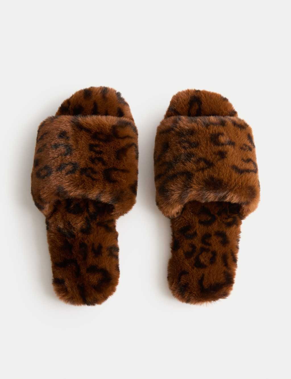 Marks & Spencer M&S Faux Fur Leopard Print Open Toe Mule Slippers Brown Mix - 2