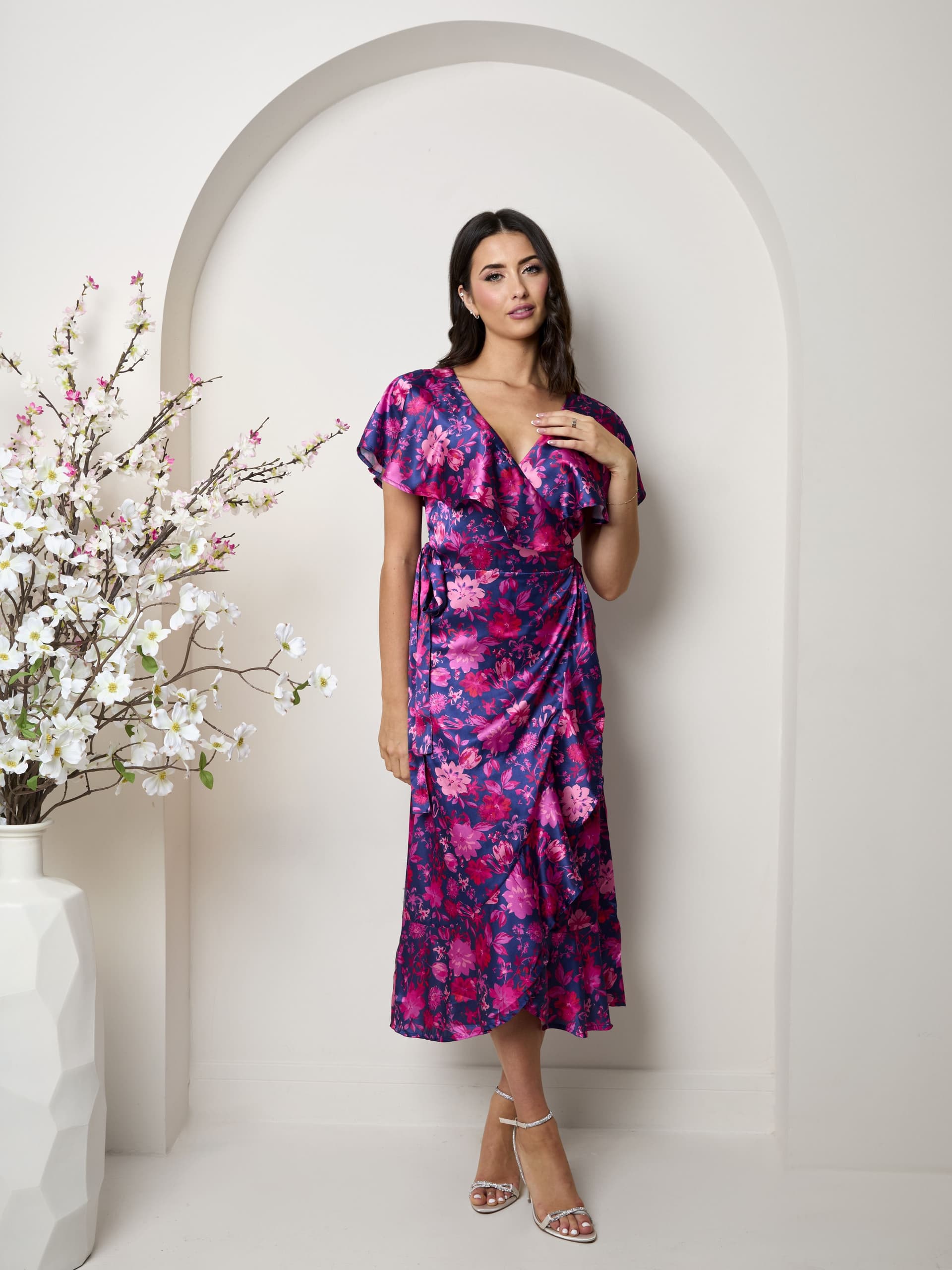 chi chi london Chi Chi London Women's V Neck Floral Wrap Midi Dress in Multi in Navy