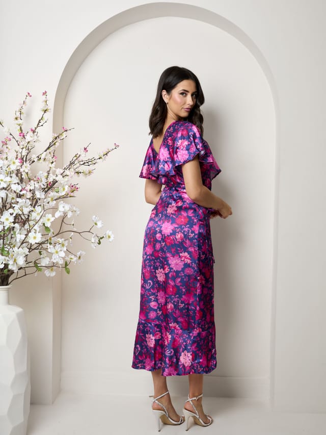 chi chi london Chi Chi London Women's V Neck Floral Wrap Midi Dress in Multi in Navy - 2
