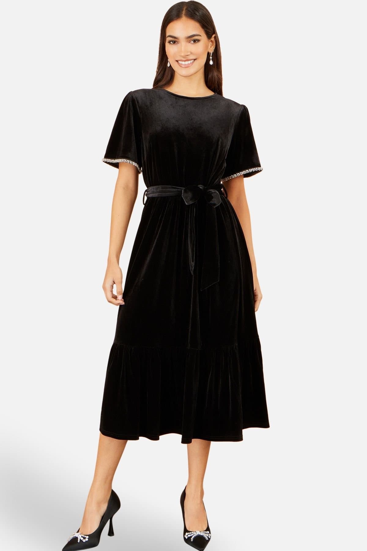 Yumi Yumi Women's Velvet Midi Dress With Embellished Sleeve in True Black