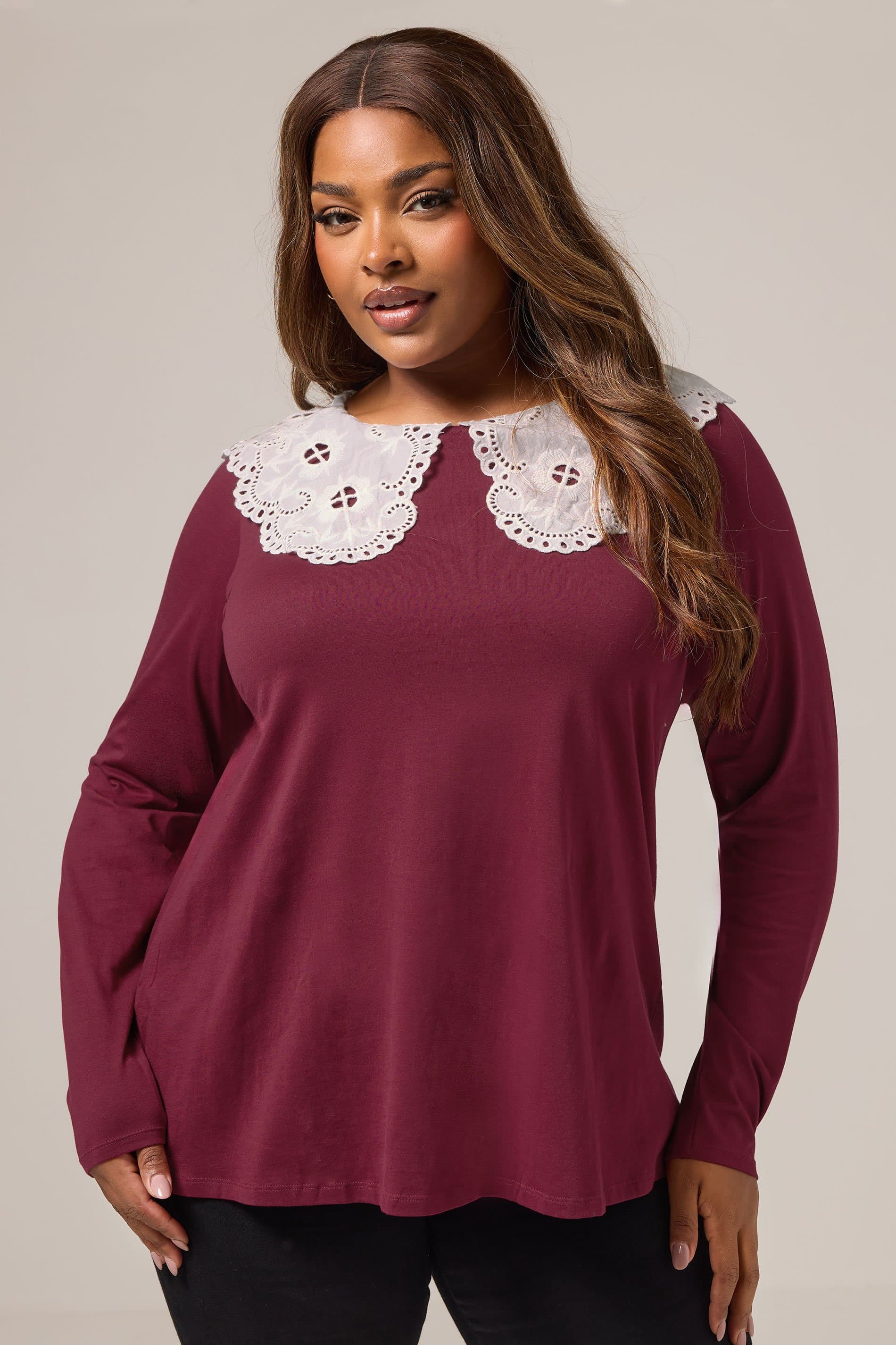 Yours Plus Size Burgundy Red Broderie Anglaise Oversized Collar Top
