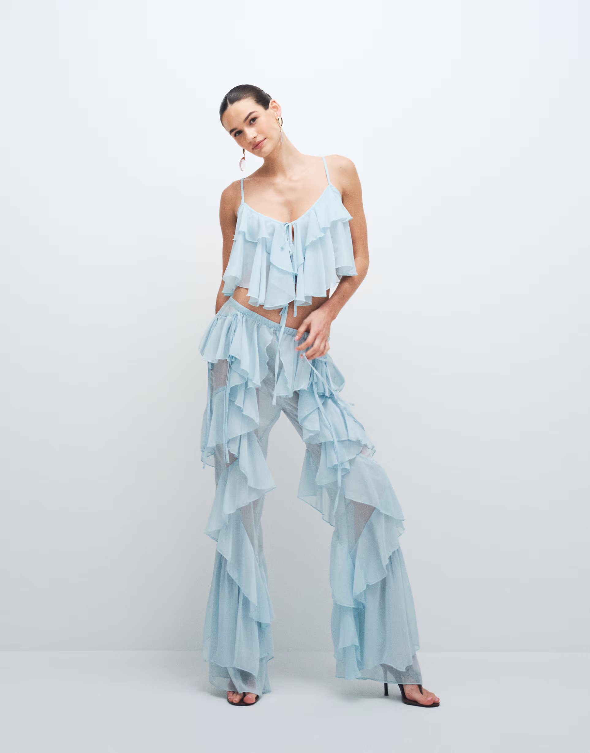 ASOS Noughts & Kisses chiffon ruffle detail wide leg trouser co-ord in soft blue - 1