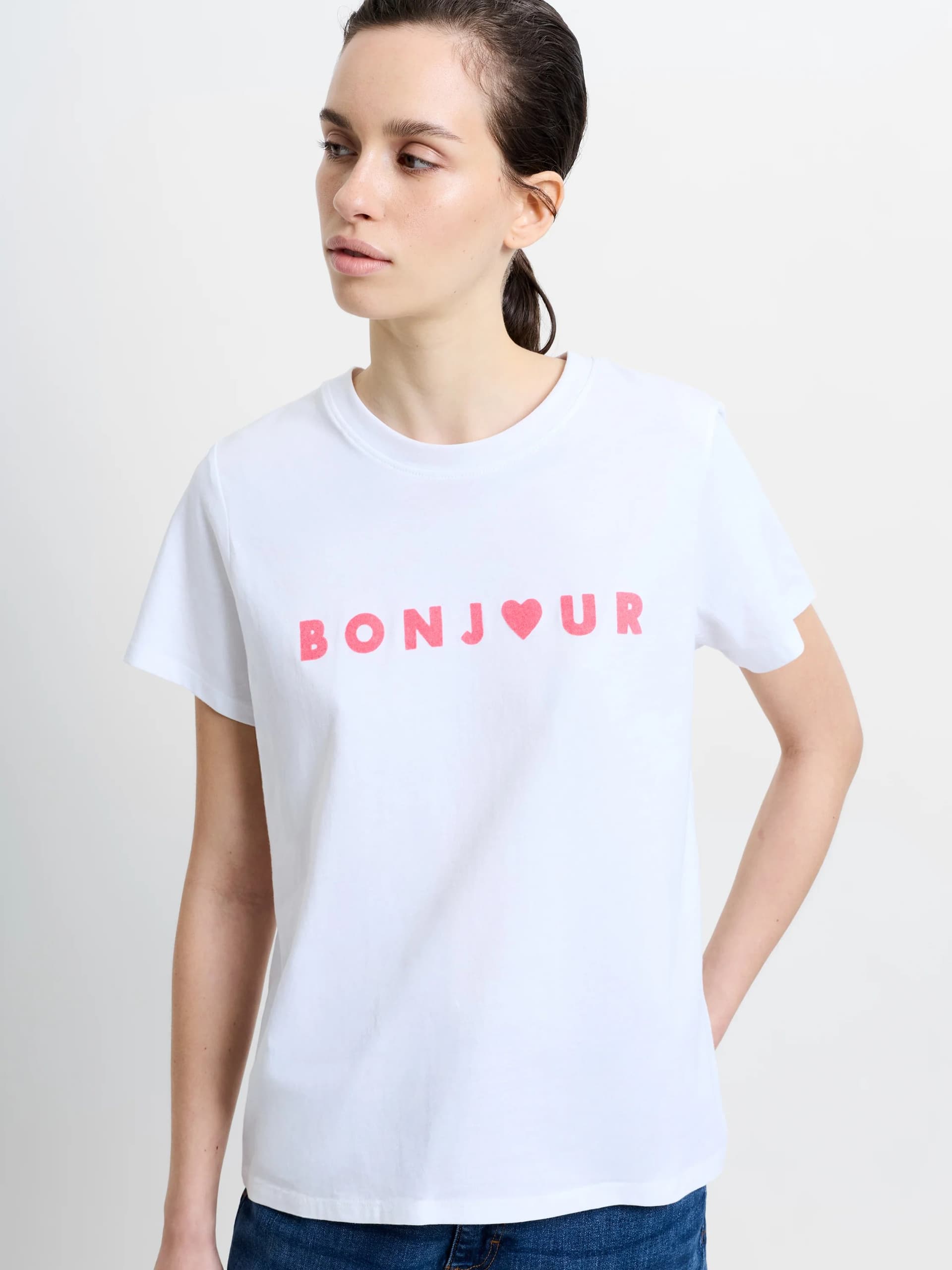 French Connection Bonjour Graphic T-Shirt White/Raspberry Pink