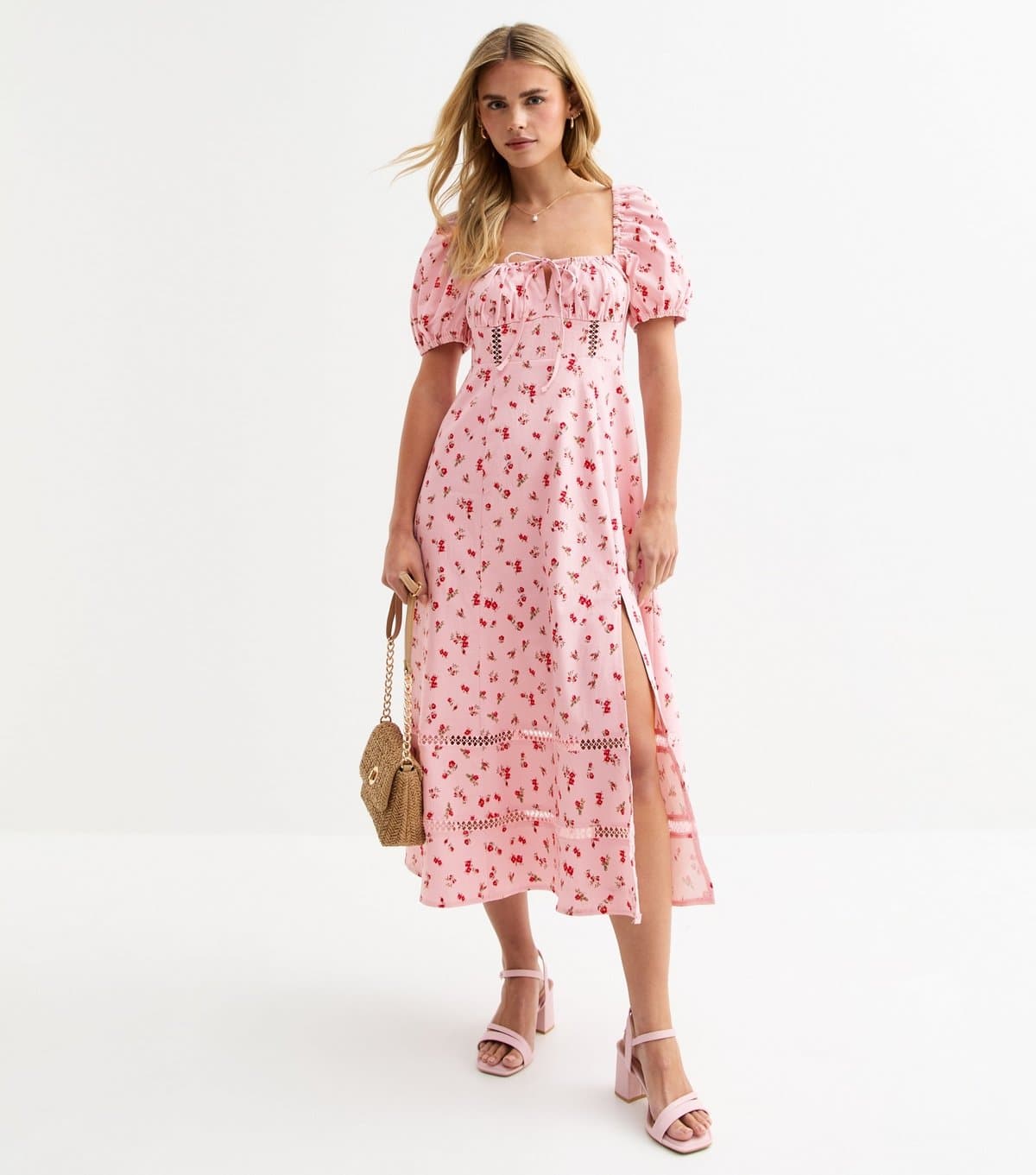 New Look Women's Petite Pink Floral Print Milkmaid Midi Dress New Look
