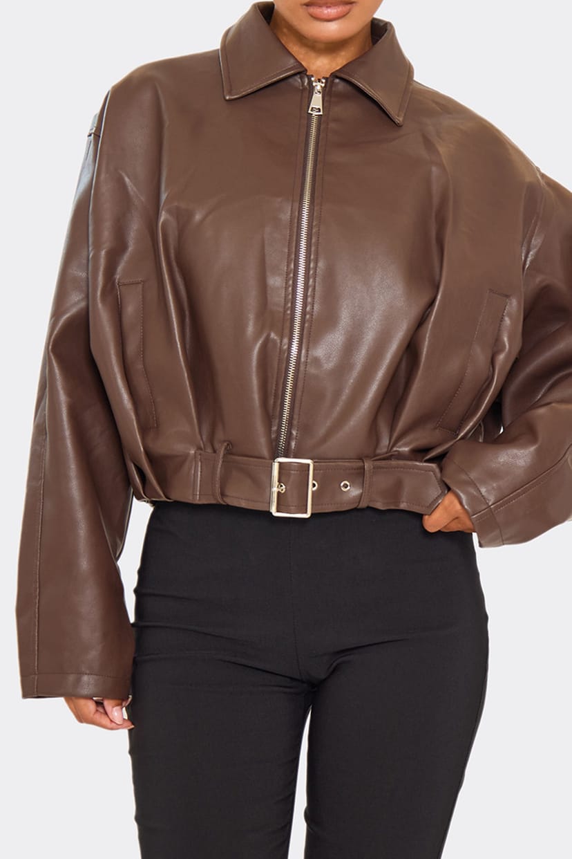 EGO EGO Women's Long Sleeve Zip Faux Leather Jacket in Dark Brown - 1