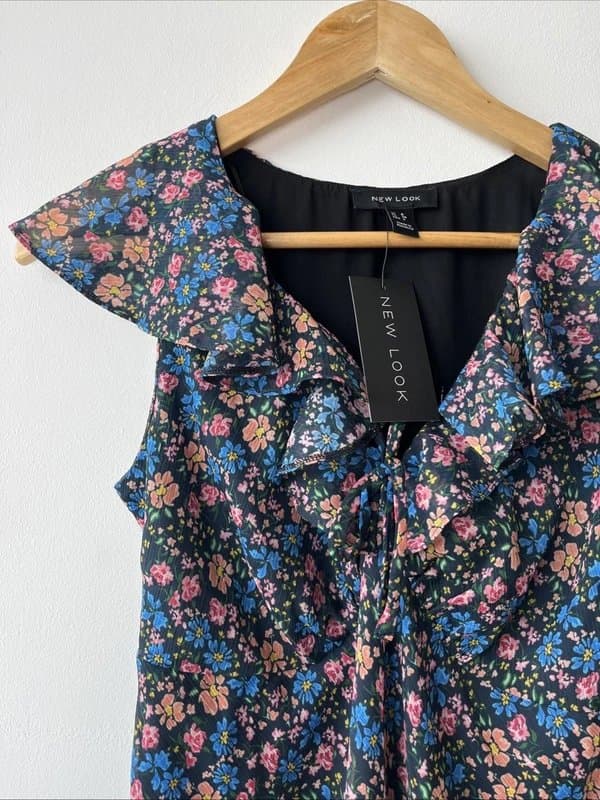 New Look New look - floral ruffled chiffon mini dress - size 6 - black / multicoloured