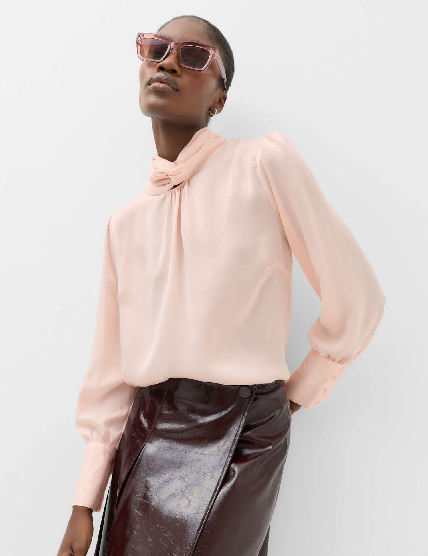 Marks & Spencer M&S Satin High Neck Blouse Soft Pink
