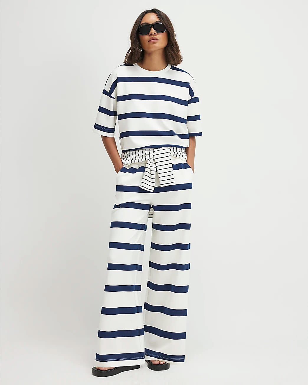 River Island River Island Womens Cream Premium Striped Wide Leg Joggers