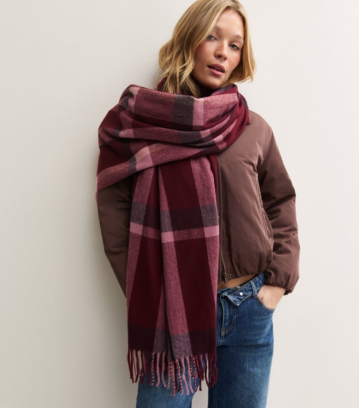 New Look Dark Burgundy Check Pattern Fringed Scarf New Look