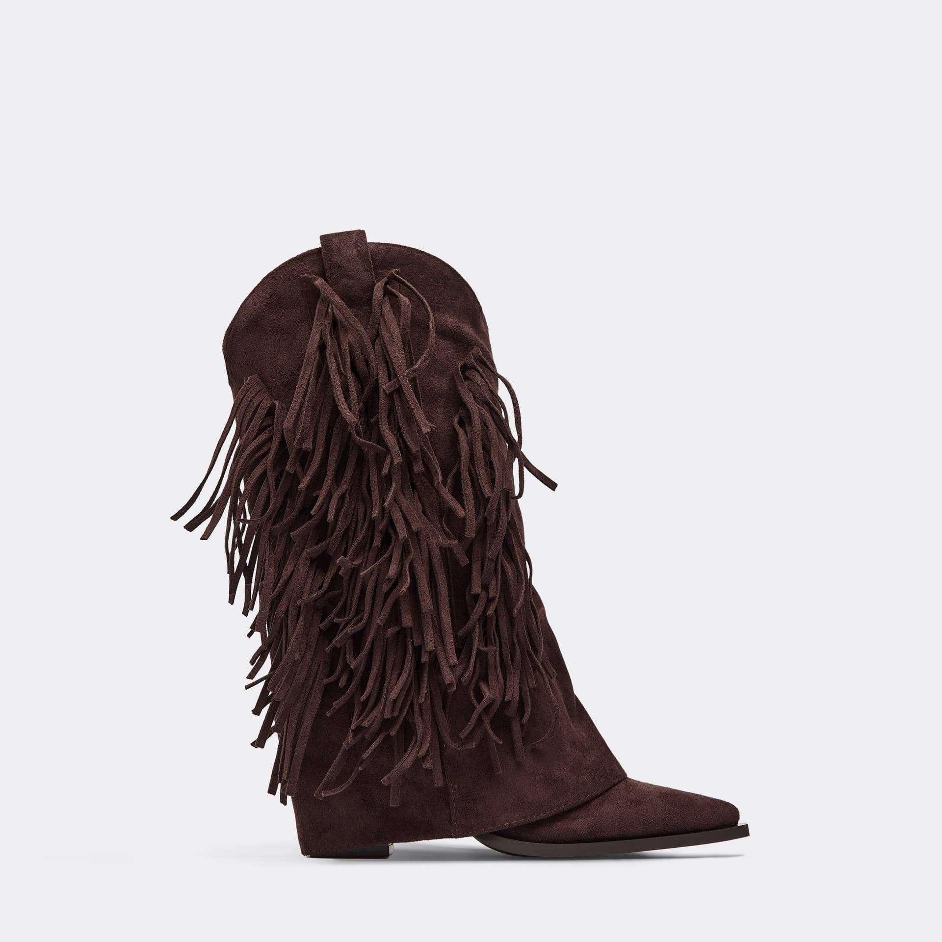 EGO Darra Layered Fringe Detail Pointed Toe Western Cowboy Ankle Boot In Brown Faux Suede, Women's Size UK 3