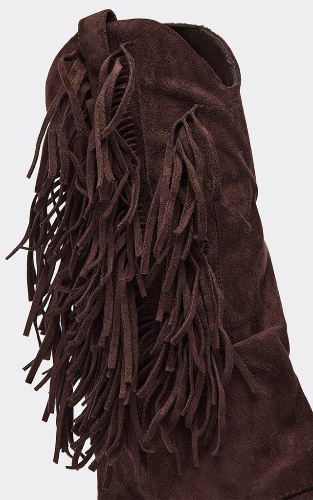 EGO Darra Layered Fringe Detail Pointed Toe Western Cowboy Ankle Boot In Brown Faux Suede, Women's Size UK 3 - 2