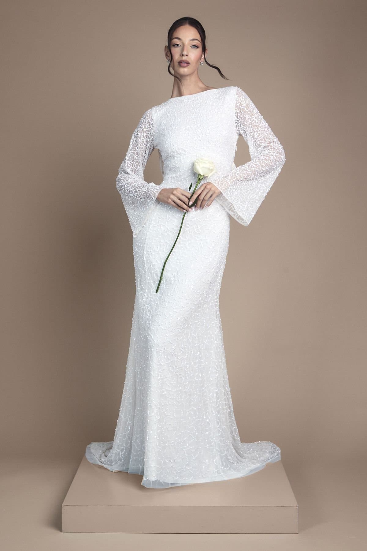 Coast Coast Women's Long Sleeve Flare Sleeve Cowl Back Sequin Wedding Dress in Ivory