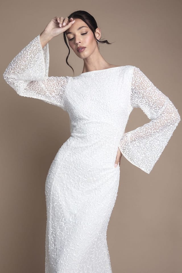 Coast Coast Women's Long Sleeve Flare Sleeve Cowl Back Sequin Wedding Dress in Ivory - 2