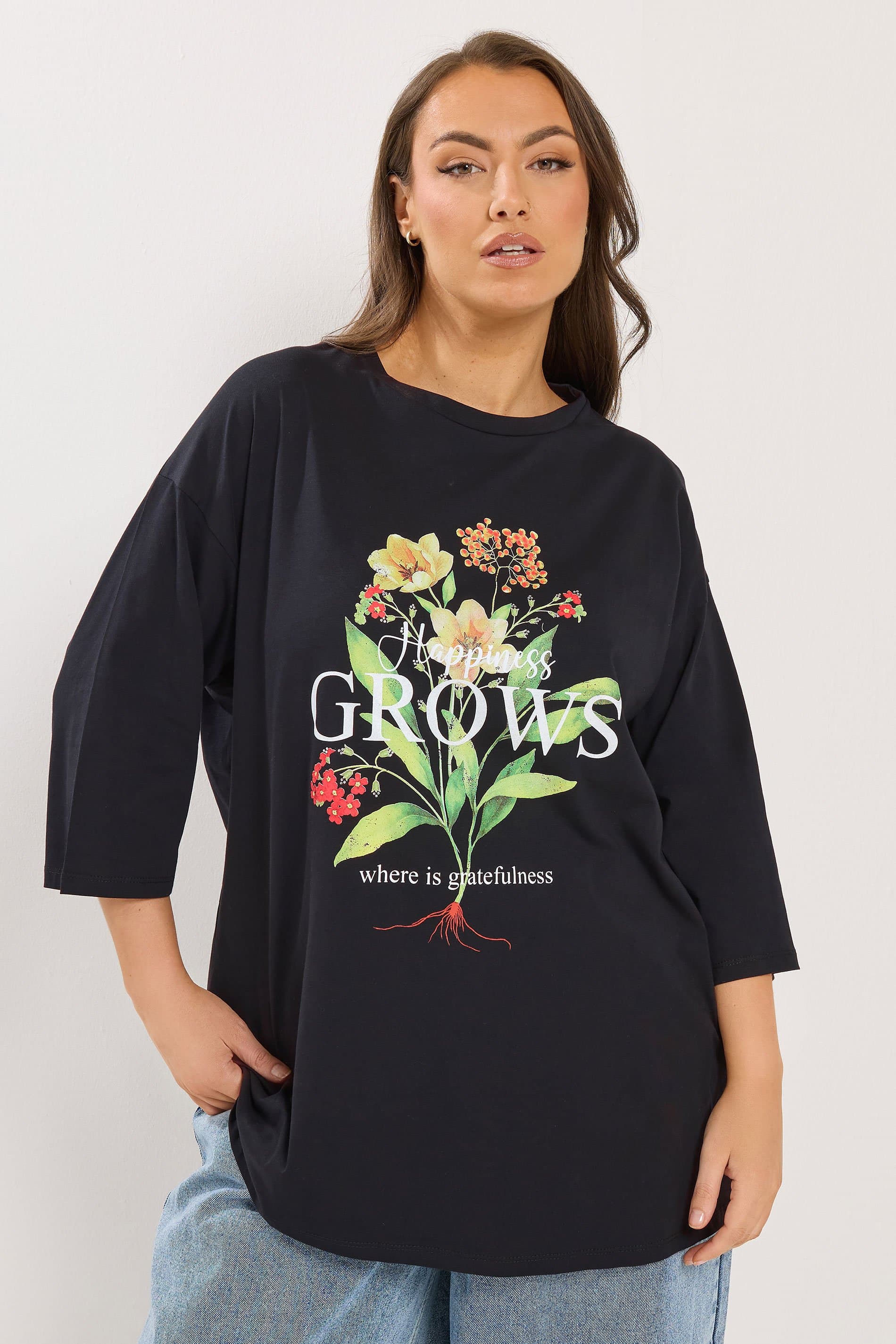Yours Plus Size Black 'Happiness Grows' Floral Tshirt
