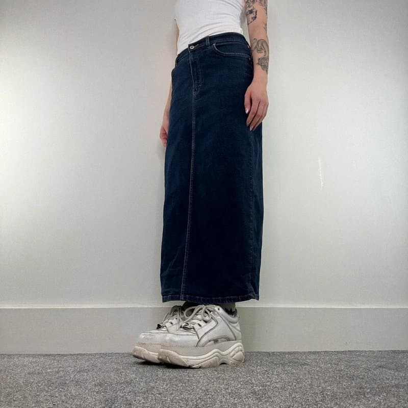 Vintage Y2K vintage denim maxi skirt straight high split contrast stitch high waist