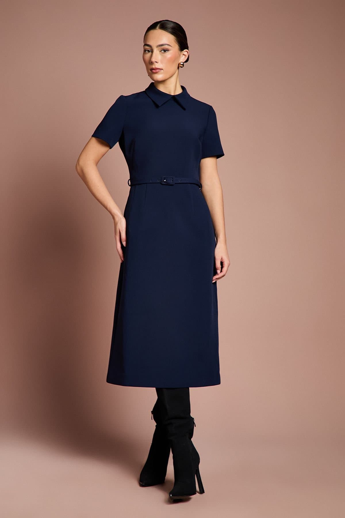 Coast Coast Women's Lisa Tan Belted Full Skirt Crepe Midi Dress in Navy
