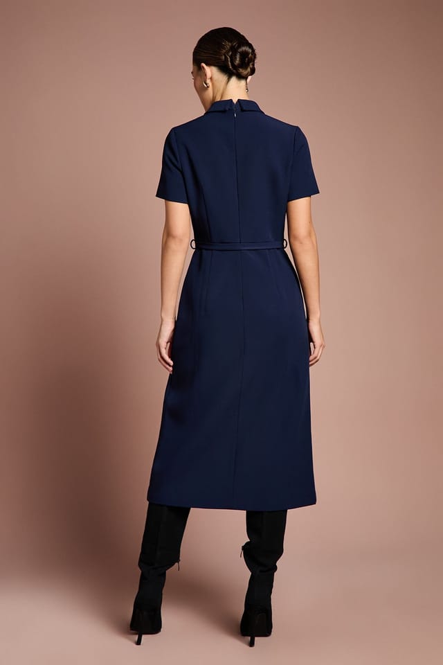 Coast Coast Women's Lisa Tan Belted Full Skirt Crepe Midi Dress in Navy - 3