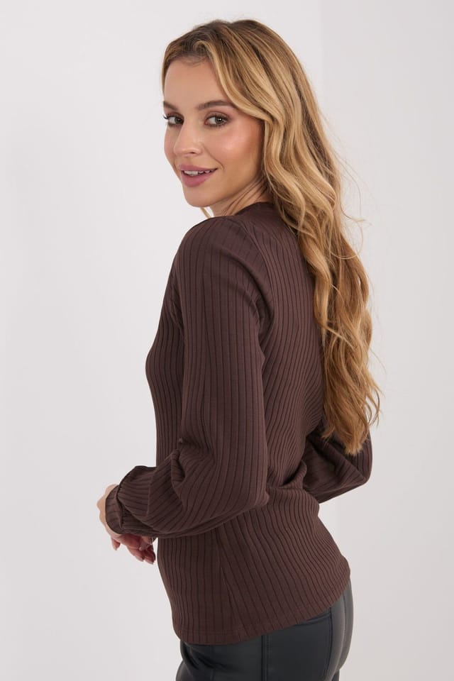 Love Lace Love Lace Women's Embroidered Stripe Puff Sleeve Casual Blouse in Brown - 3