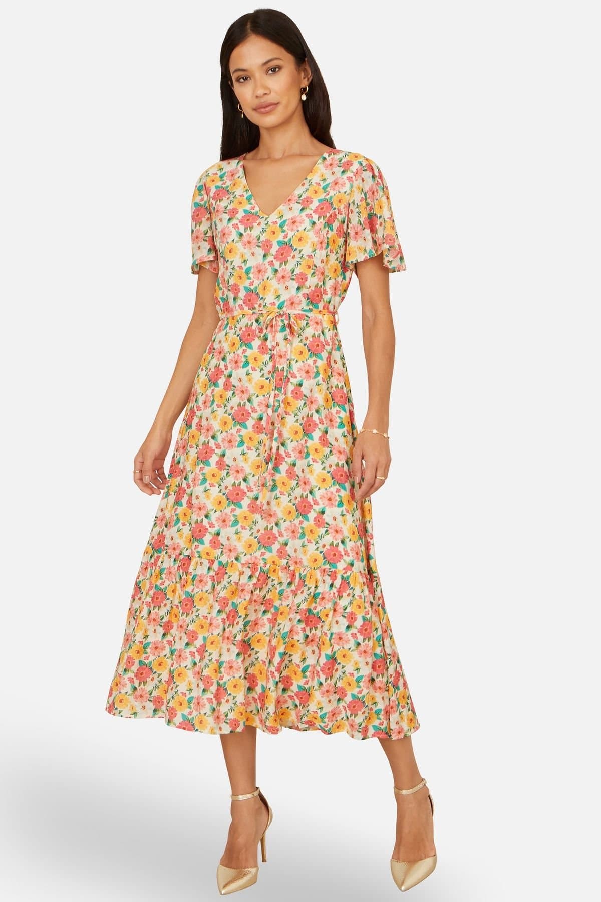 Yumi Yumi Women's Multicolour Midi Tea Dress With Angel Sleeves in Off-White