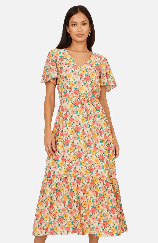 Yumi Yumi Women's Multicolour Midi Tea Dress With Angel Sleeves in Off-White - 2