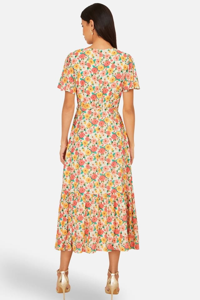 Yumi Yumi Women's Multicolour Midi Tea Dress With Angel Sleeves in Off-White - 3