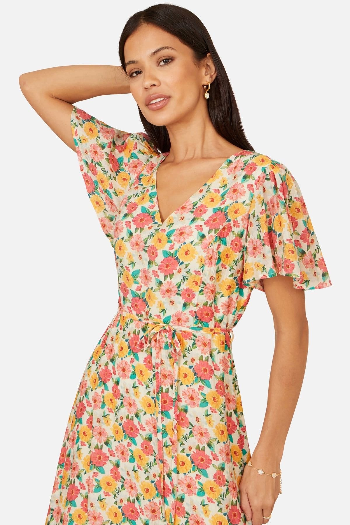 Yumi Yumi Women's Multicolour Midi Tea Dress With Angel Sleeves in Off-White - 4