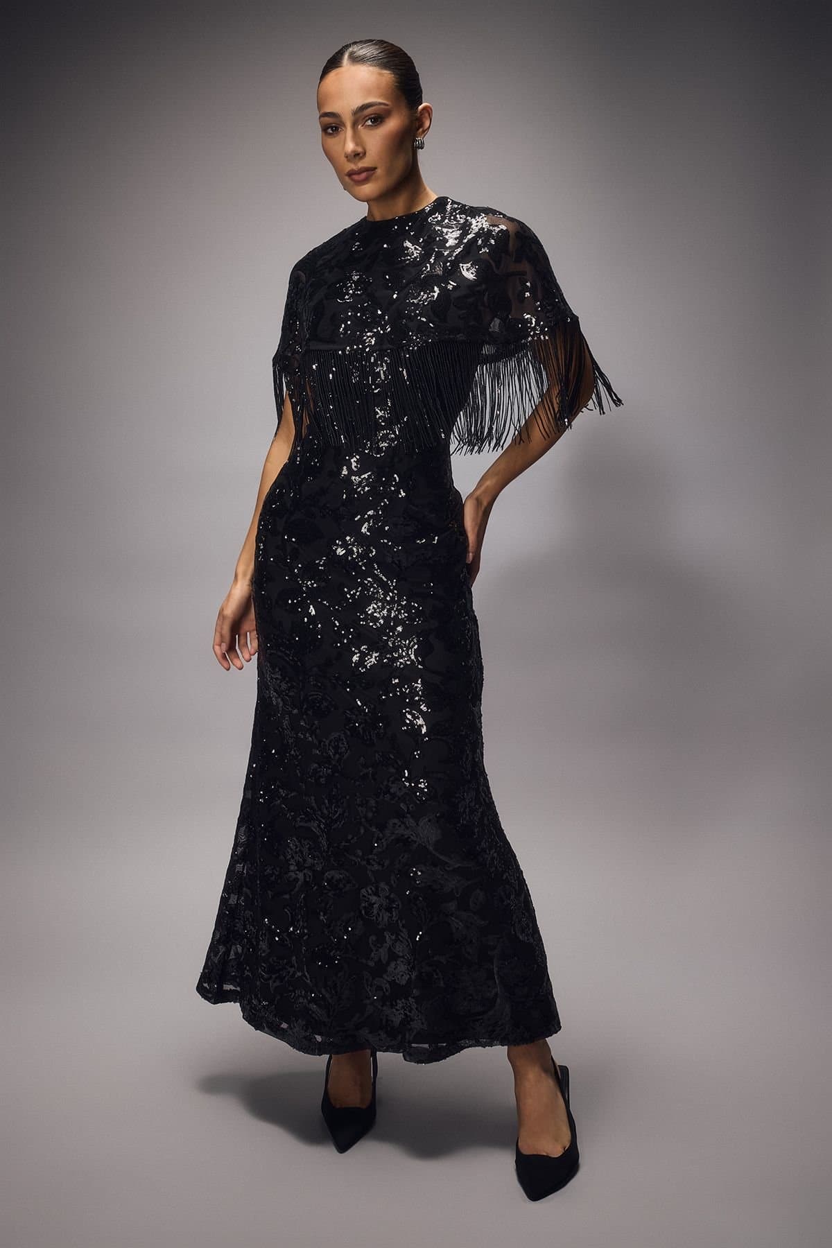 Coast Coast Women's Muse Sequin Fringe Cape Maxi Dress in Black