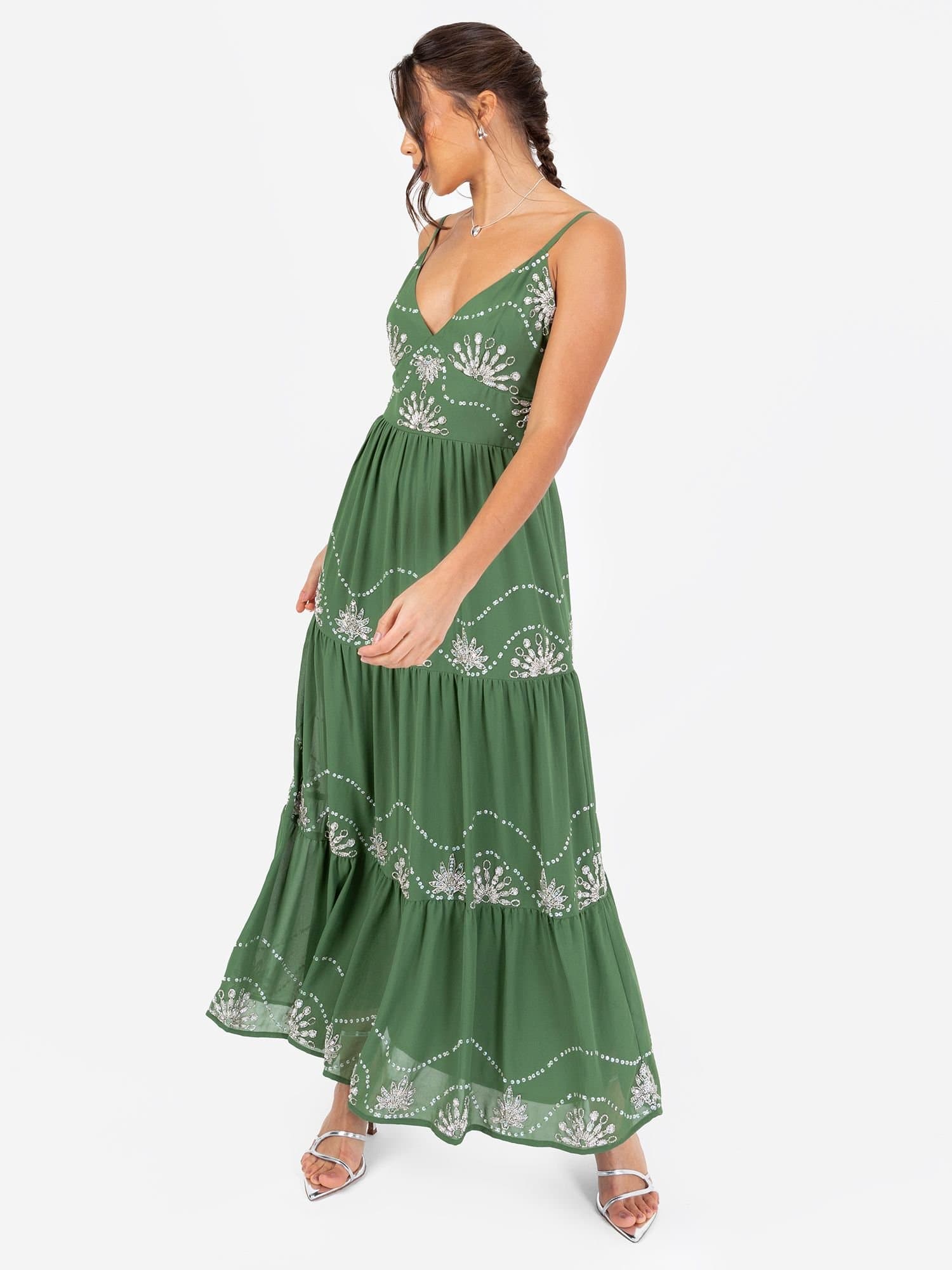 Maya Deluxe Maya Deluxe Women's Embellished Cami Midaxi Dress in Green