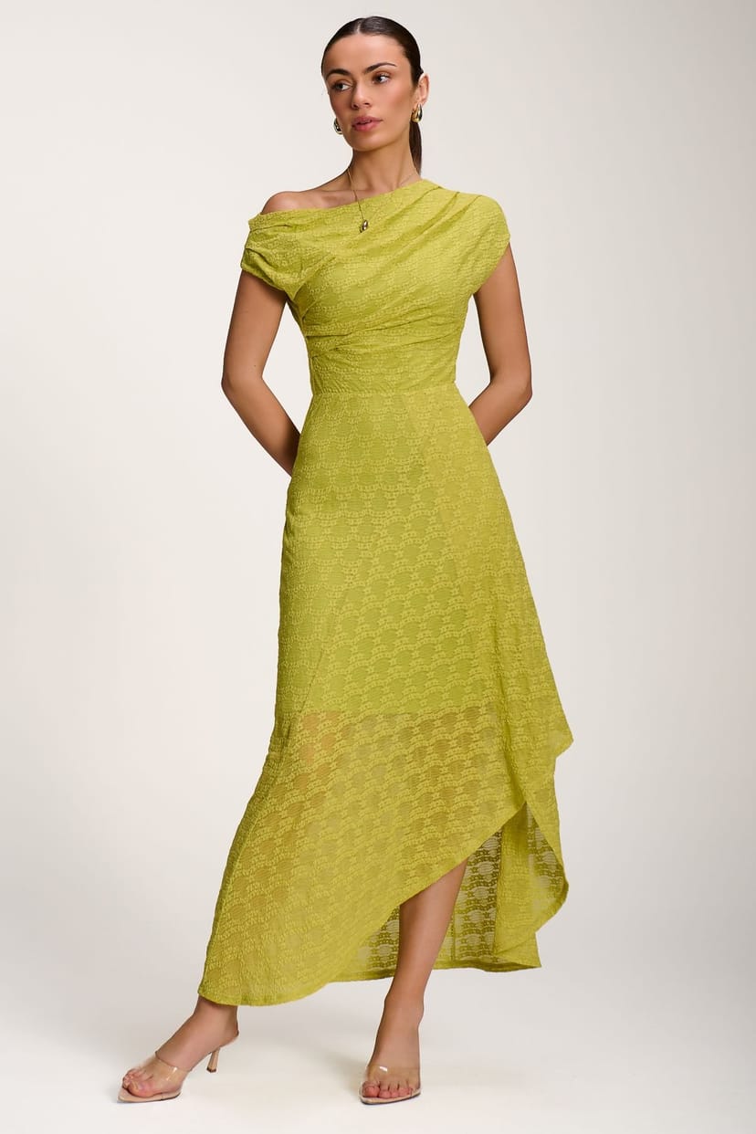 Jolie Moi Jolie Moi Women's Asymmetric Draped Lace Maxi Dress in Lime - 1