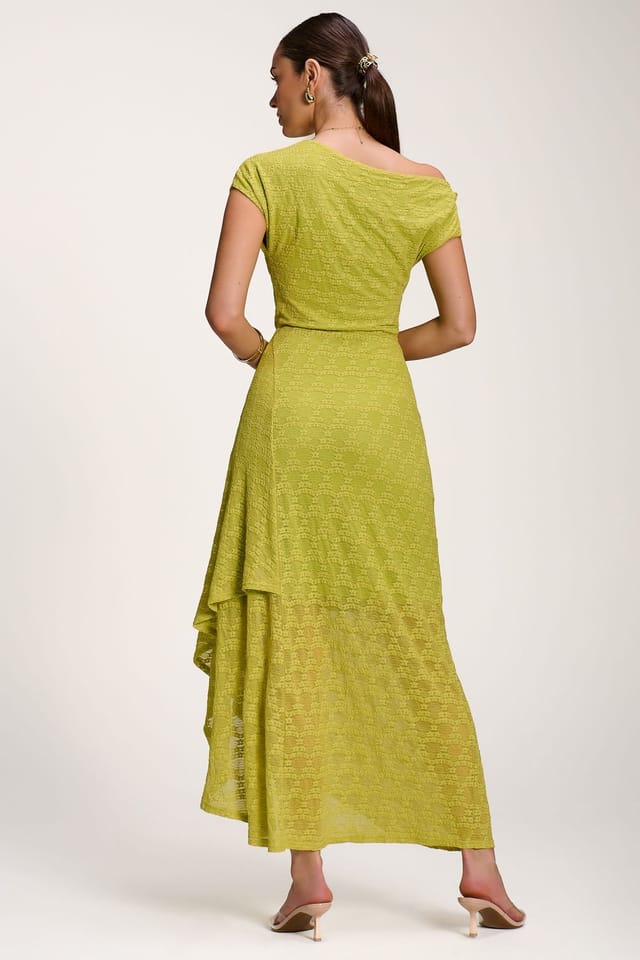 Jolie Moi Jolie Moi Women's Asymmetric Draped Lace Maxi Dress in Lime - 2