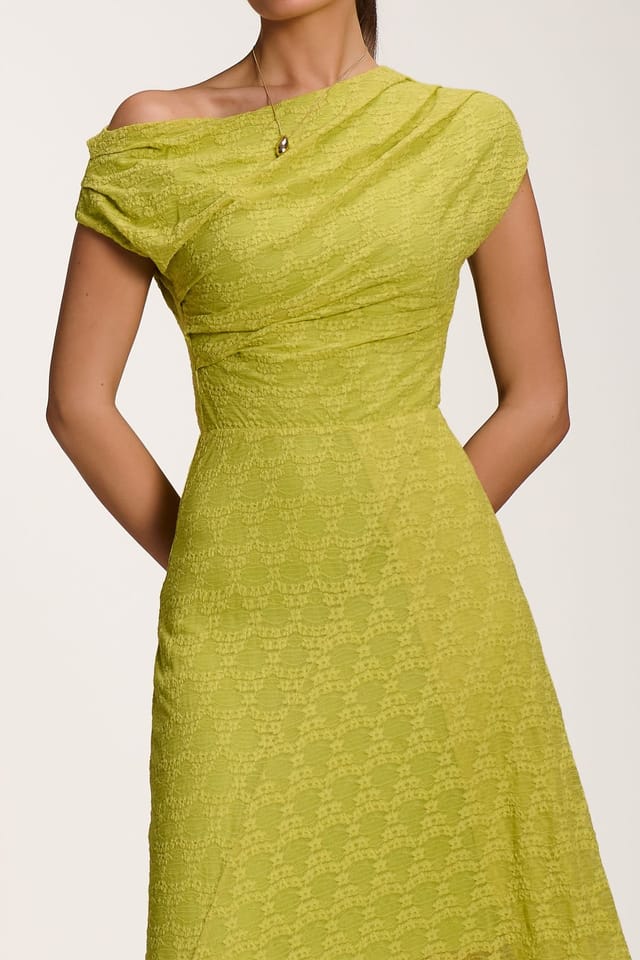 Jolie Moi Jolie Moi Women's Asymmetric Draped Lace Maxi Dress in Lime - 3