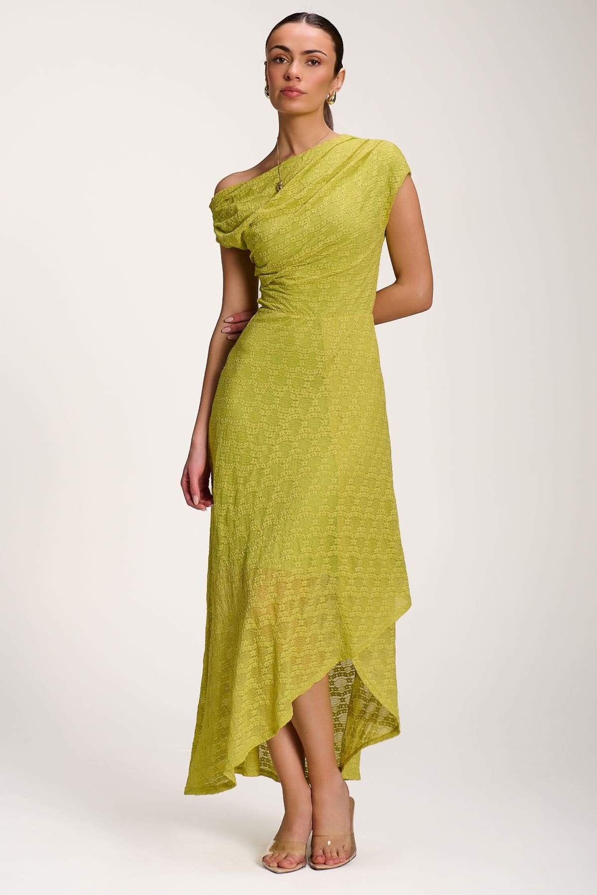 Jolie Moi Jolie Moi Women's Asymmetric Draped Lace Maxi Dress in Lime - 4