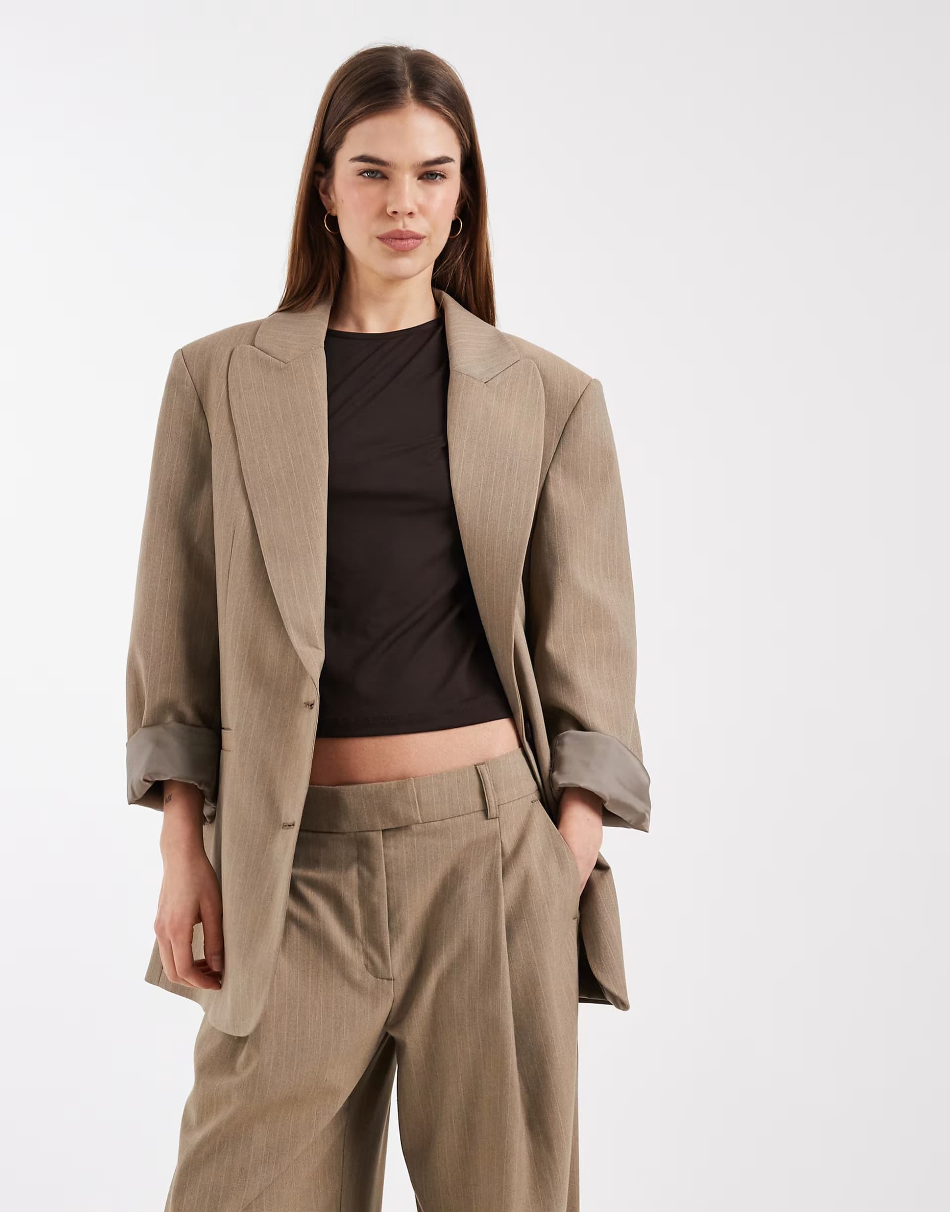 ASOS  ASOS DESIGN oversized strong shoulder blazer in Taupe Stripe
