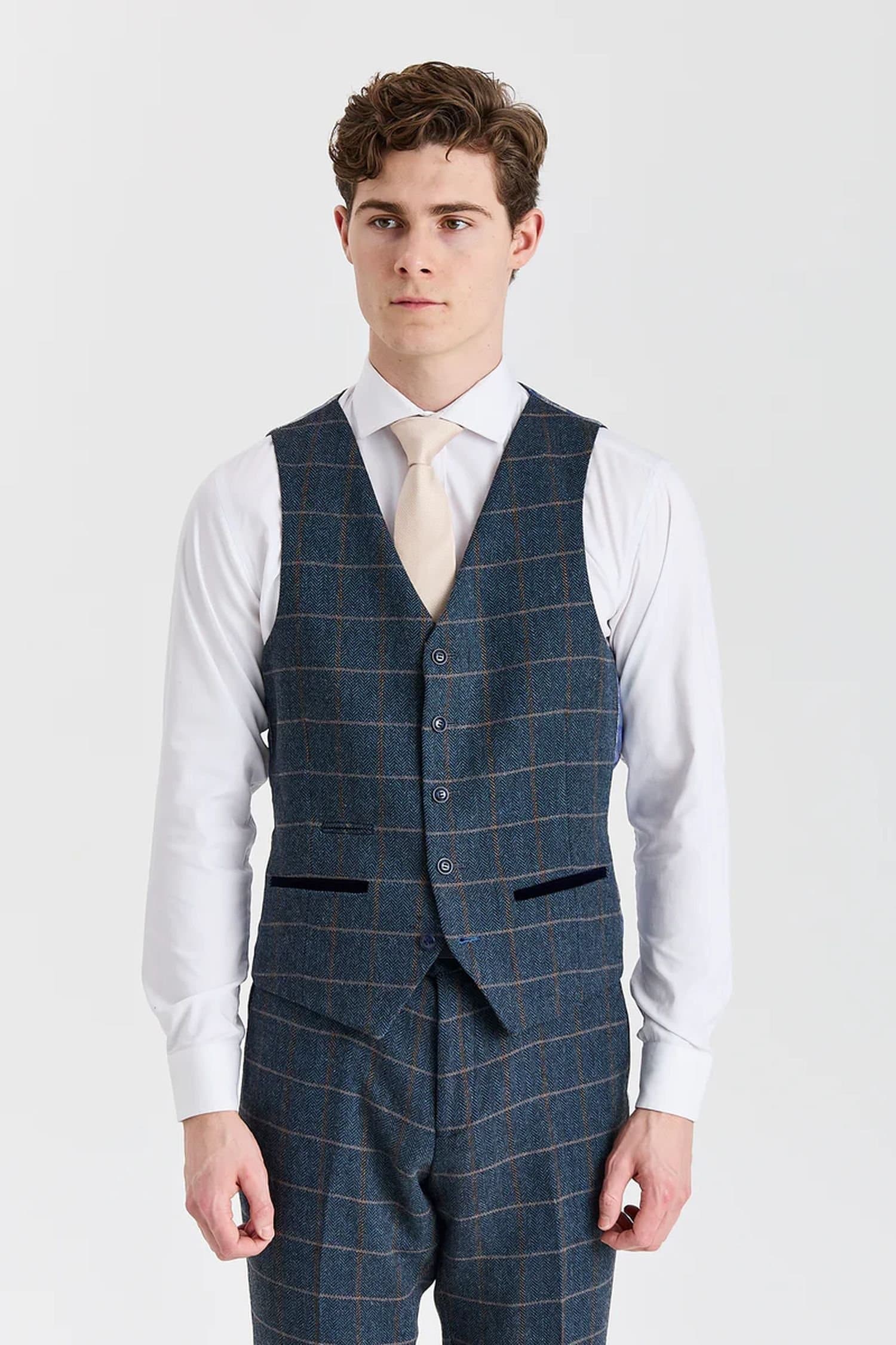 Paul Andrew Paul Andrew Men's Waistcoat Tweed Herringbone Check Wool Blend Vest in Navy