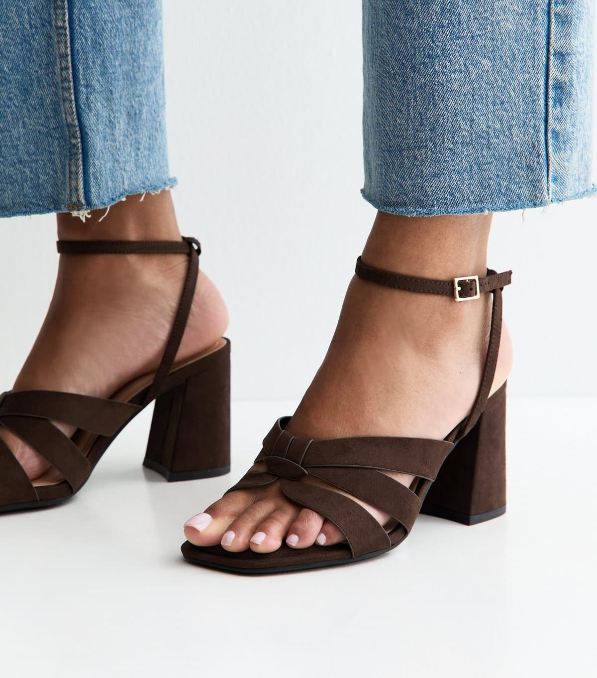 New Look Women's Wide Fit Dark Brown Faux Suede Block Heel Sandals Vegan New Look