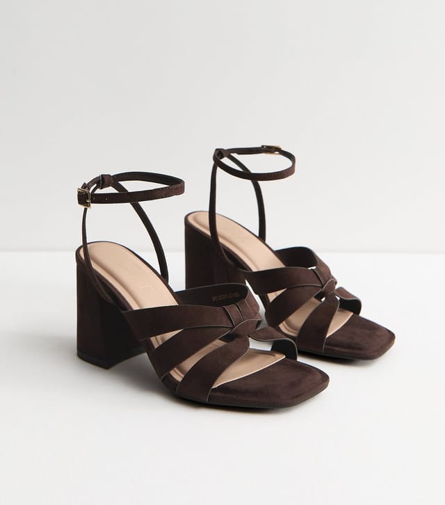New Look Women's Wide Fit Dark Brown Faux Suede Block Heel Sandals Vegan New Look - 3